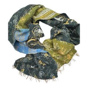 Ritual Brand Silk Scarf Kantha Stitch Tribal Warli Warrior Print Crinkled 70x19"